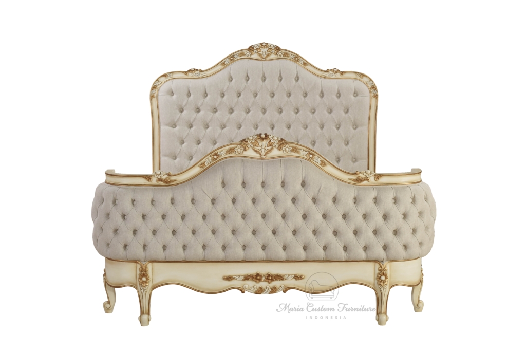 Tufted Bed, Upholstered Bed Frame, Classic Bed, Carved Wood Bed Frame, French Country Bed, Luxury Bedroom Furniture, Button Tufted, Ornate Bed, Maria Custom Furniture, Custom Furniture, Furniture Custom Jepara, Furniture Jepara, BED SET MCF-01 KING BED MATTRESS 180 X 200
