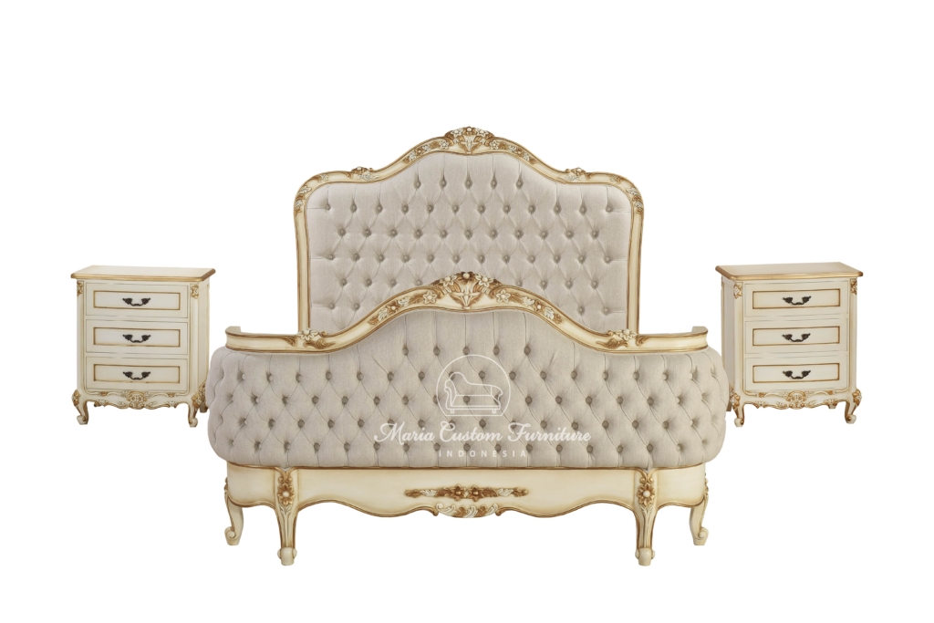 Tufted Bed, Upholstered Bed Frame, Classic Bed, Carved Wood Bed Frame, French Country Bed, Luxury Bedroom Furniture, Button Tufted, Ornate Bed, Maria Custom Furniture, Custom Furniture, Furniture Custom Jepara, Furniture Jepara, BED SET MCF-01 KING BED MATTRESS 180 X 200