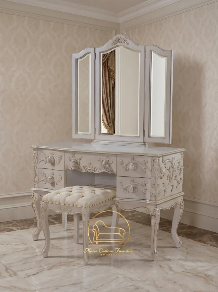 ivory dressing table stool White Mirrored Dressing Table, Stool And Mirror Set- Santiago White Collection
