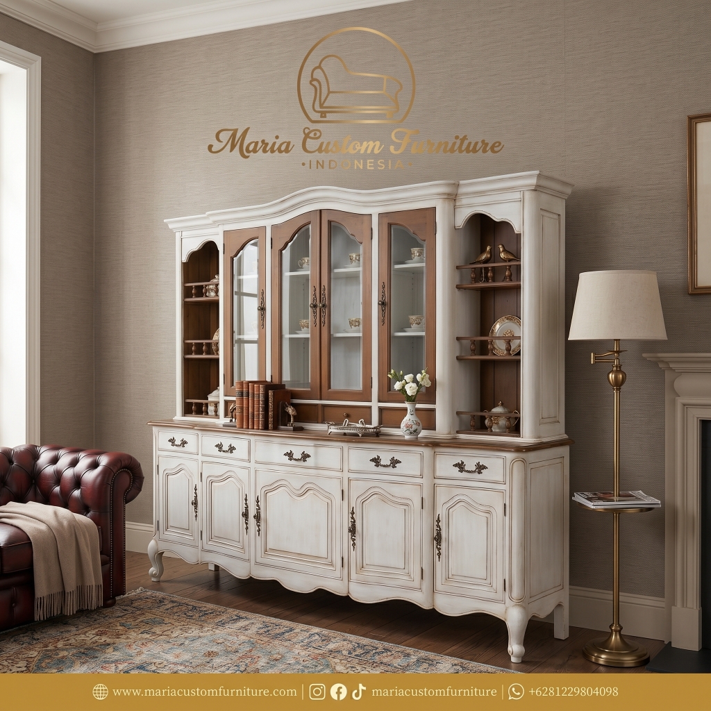 Custom Classic Two-Tone Wooden Credenza Hutch Cabinet Living Room