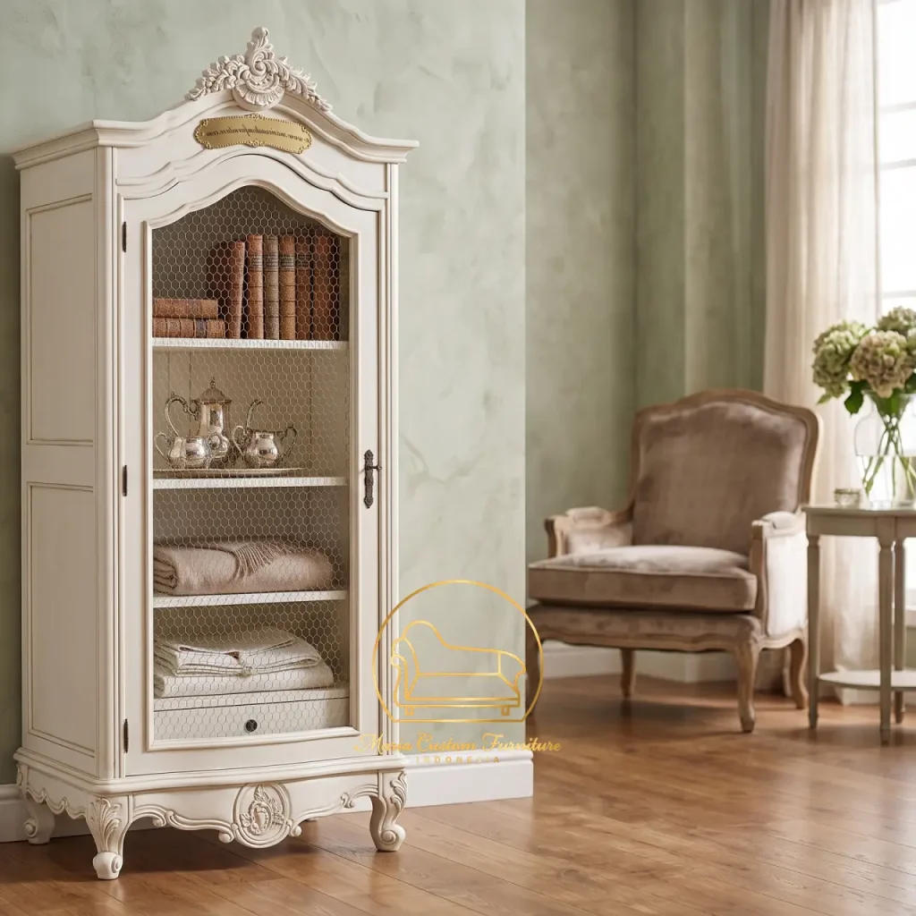 French country kitchen dresser, Distressed white buffet hutch, Traditional European display cabinet, Two-tone wooden sideboard, Antique style china cabine, Custom Furniture Vintage French Country White and Brown Wood Buffet Hutch