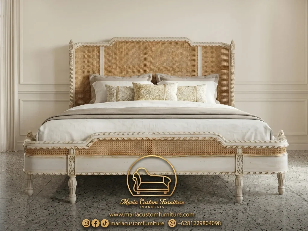 French Cane Bed Antique White Luxury Rattan Bedroom Furniture