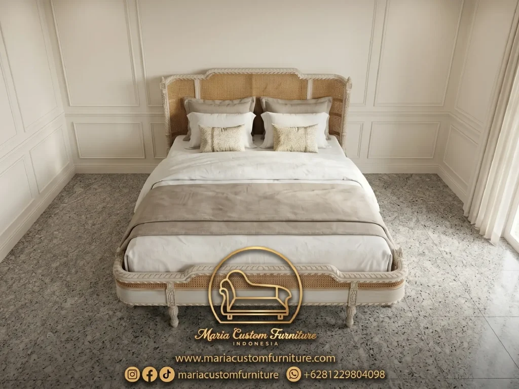 French Cane Bed Antique White Luxury Rattan Bedroom Furniture Custom