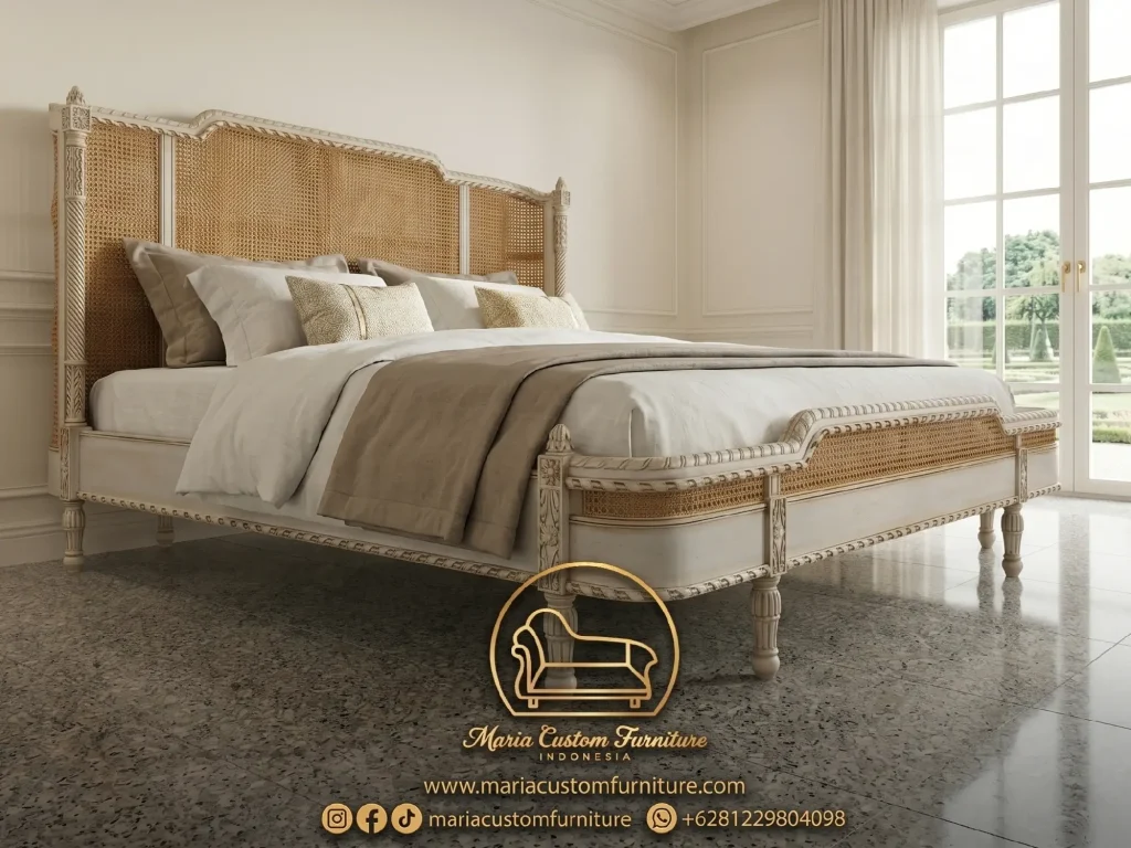 French Cane Bed Antique White Luxury Rattan Bedroom Furniture Jepara