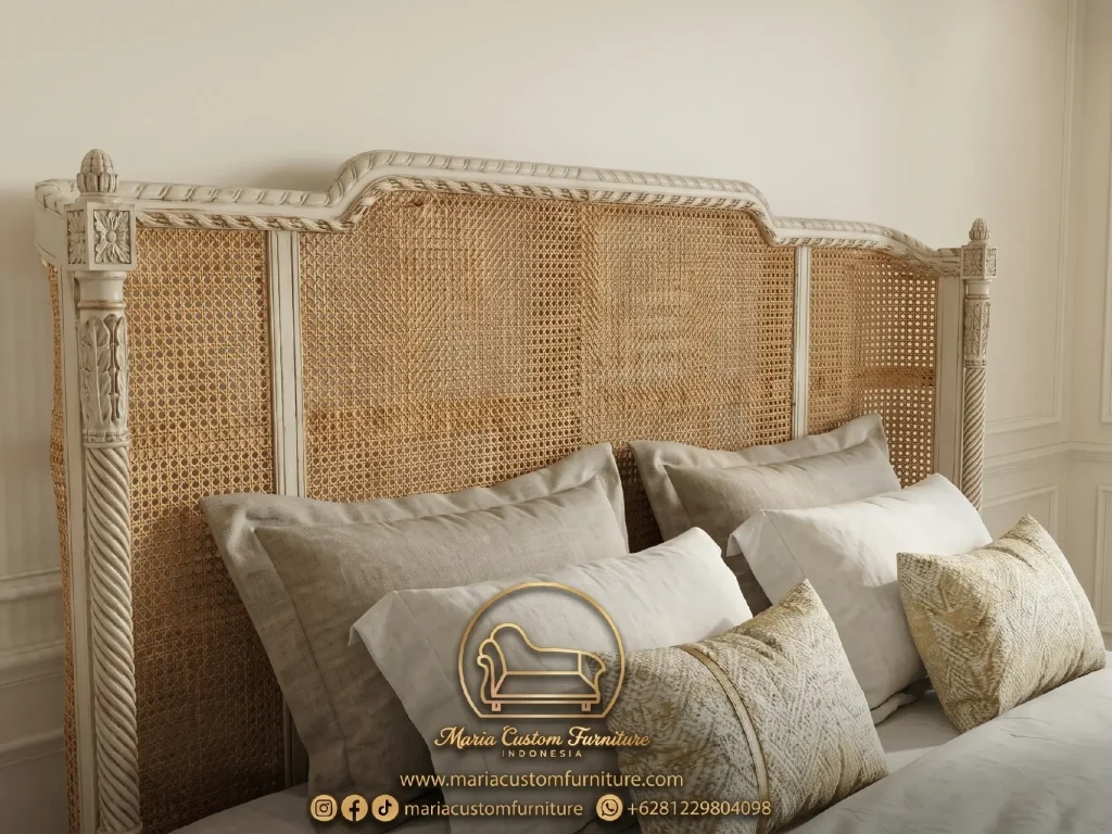 French Cane Bed Antique White Luxury Rattan Bedroom Headboard