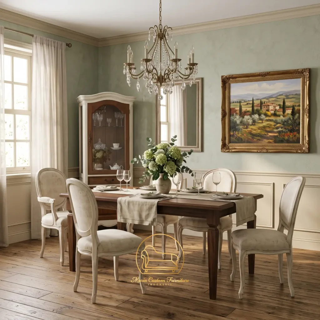 French Country Tall Display Cabinet In Dining Room