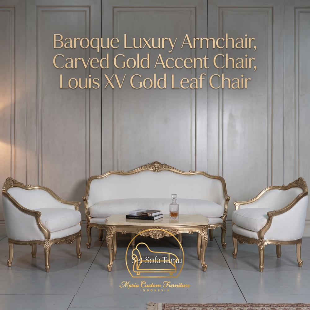 French Gold Bergère Armchair Jepara Sofa Ruang Tamu Classic Maria Custom Furniture