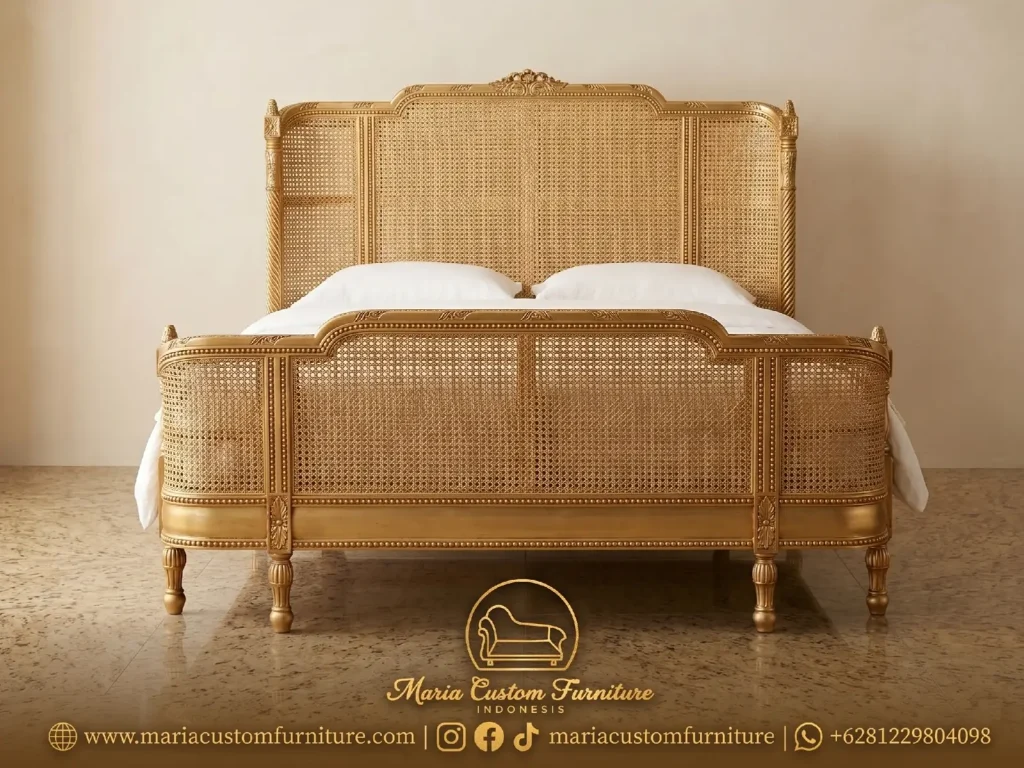 gold leaf rattan bed frame handmade French style luxury bedroom furniture