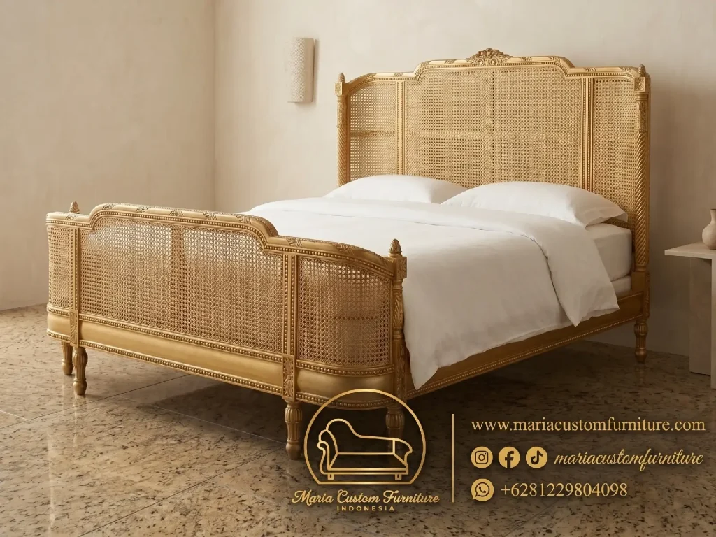 gold leaf rattan bed frame handmade French style luxury bedroom furniture