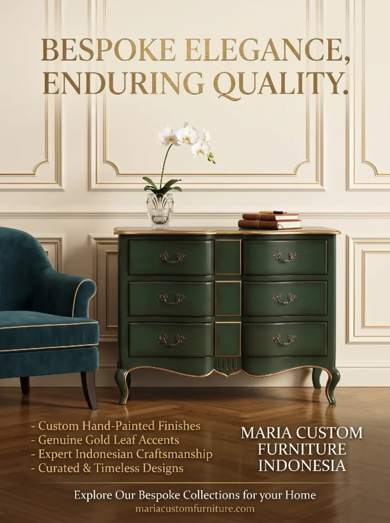 Luxury drawer bombe style chest finished in deep emerald green with hand-applied gold edging