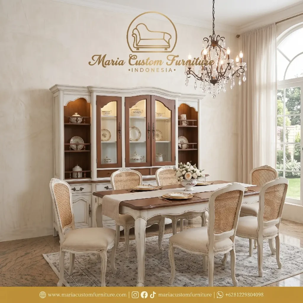 Model Furniture Classic Two-Tone Wooden Credenza Hutch Cabinet Set Meja Makan
