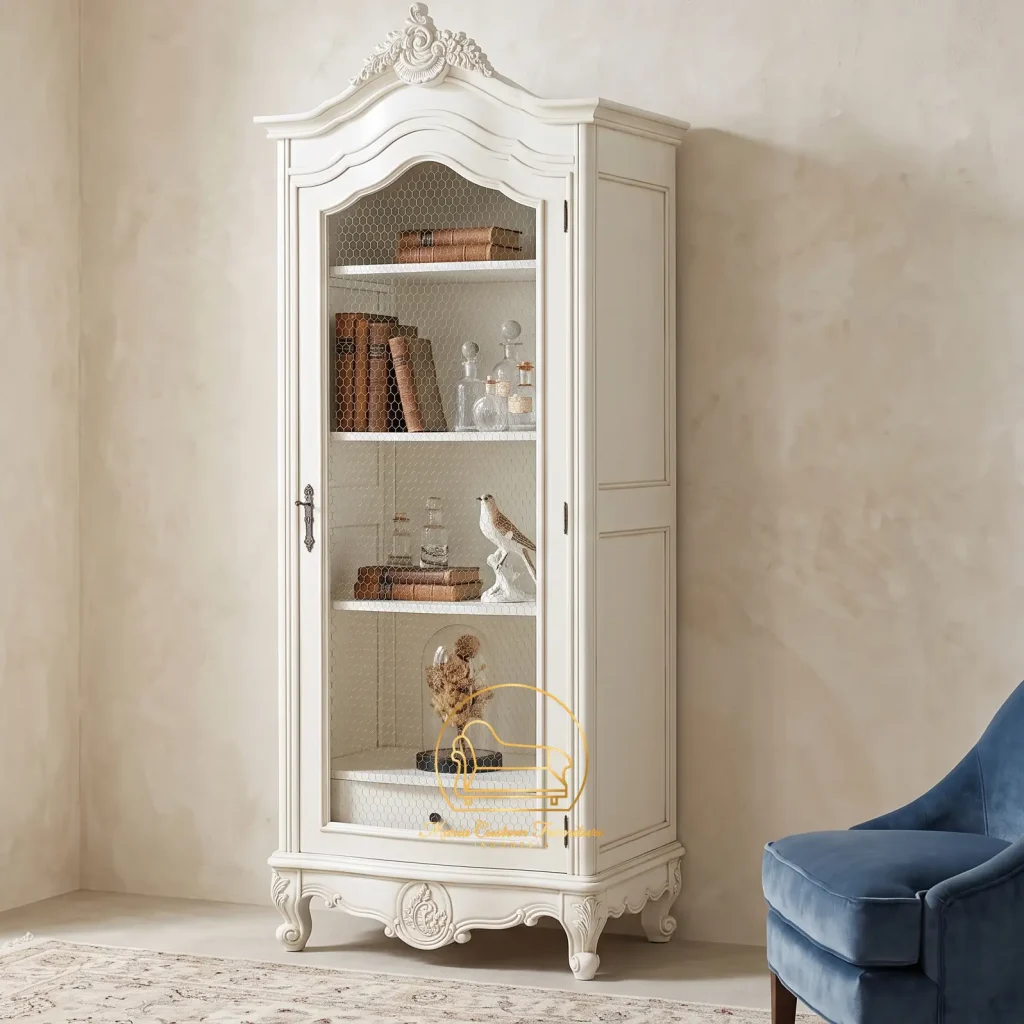 French country kitchen dresser, Distressed white buffet hutch, Traditional European display cabinet, Two-tone wooden sideboard, Antique style china cabine, Vintage French Country White and Brown Wood Buffet Hutch