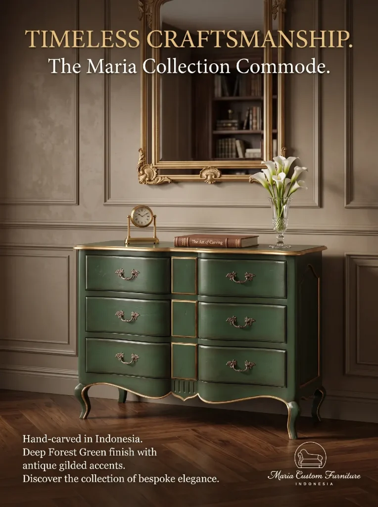 drawer bombe style chest finished in deep emerald green with hand-applied gold edging