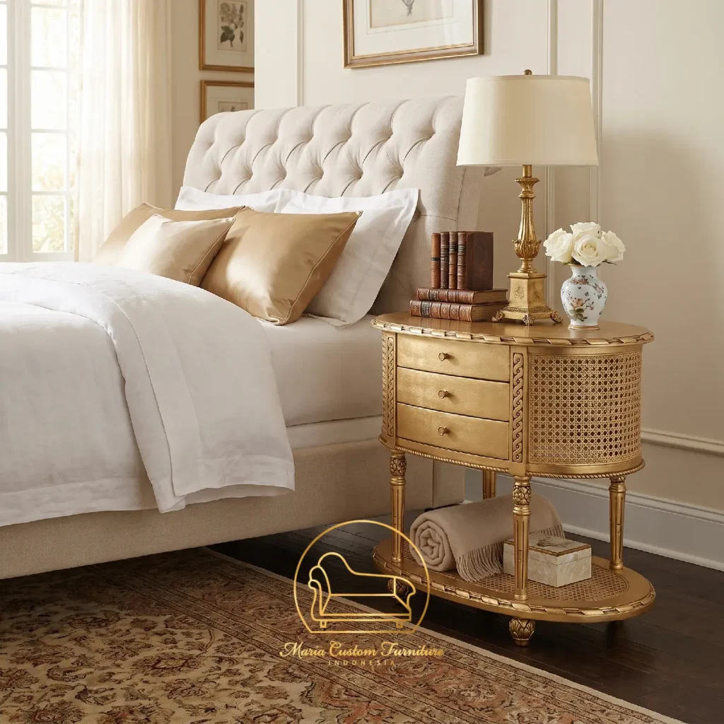 Custom Gold Oval Nightstand The Ultimate Luxury Cane Side Table with Drawers