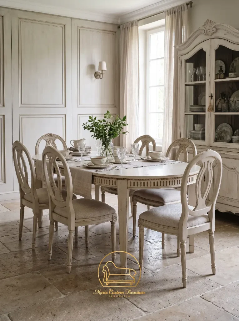 Custom Neoclassical Oval Dining Table Set with Matching 6 Dining Chairs