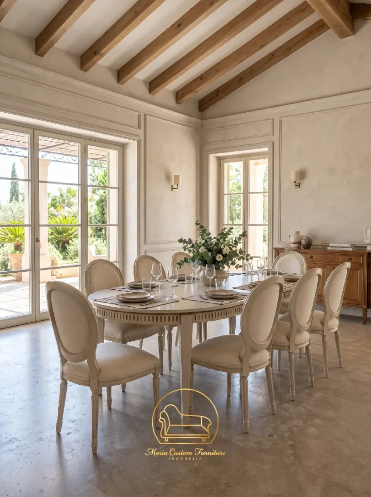 Custom Neoclassical Oval Dining Table Set with Matching Dining Chairs Villa