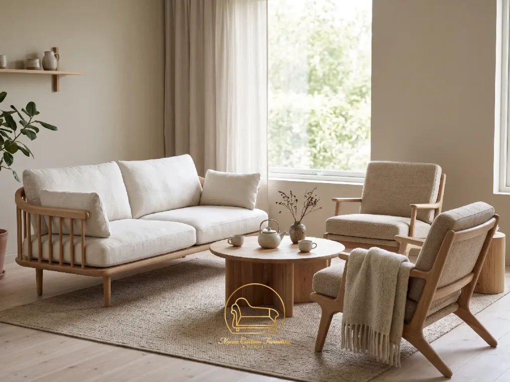 Japandi sofas and wooden armchairs