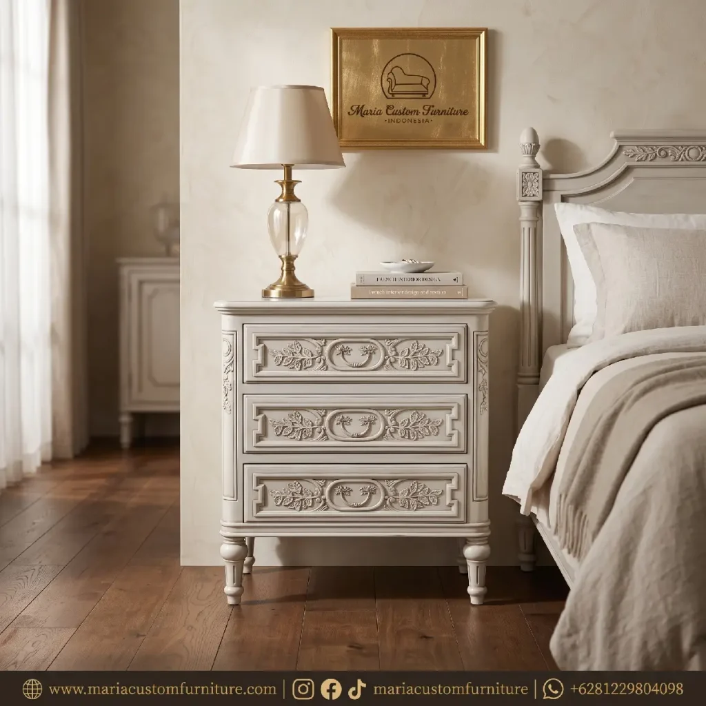 Luxury Antique White & Gold Carved Side Table with Drawers