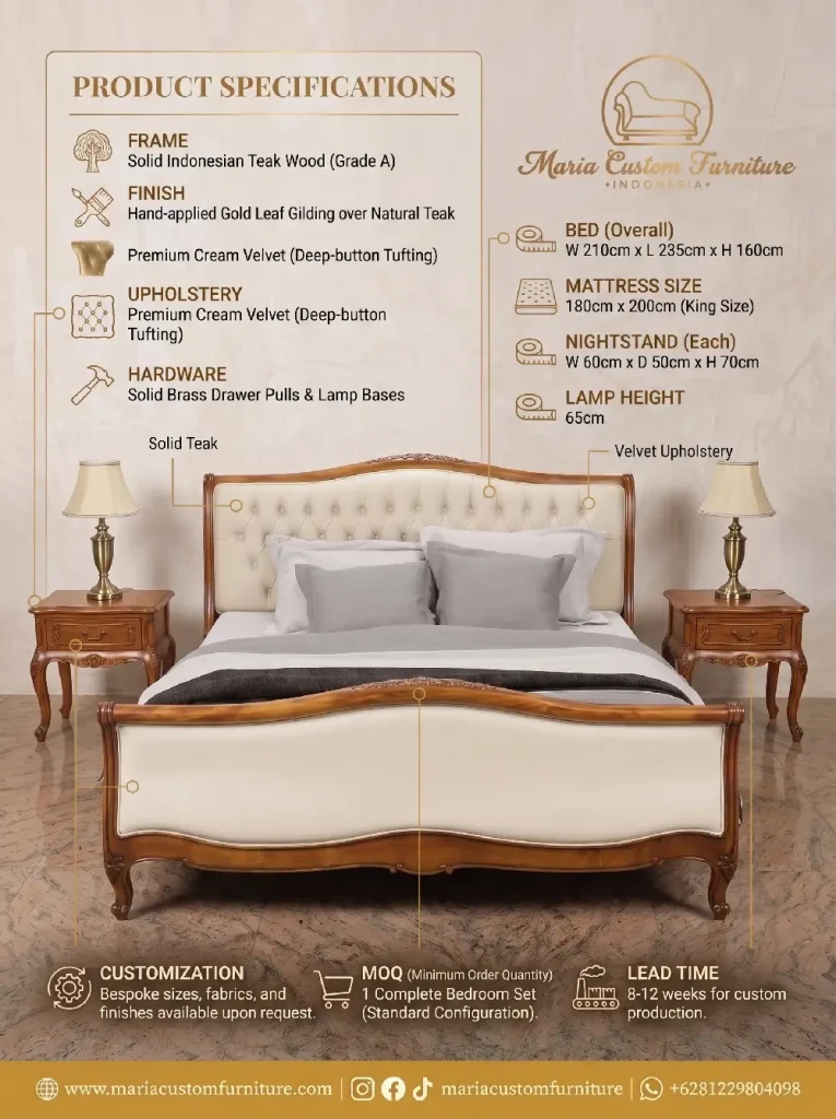 Transform Your Bedroom with the Luxury Solid Indonesian Teak Wood Bed Set Spesification