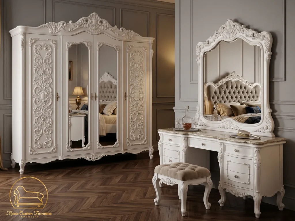 Luxury French Bedroom Set, Bianca Diamond Tufted Bed, French Rococo Carved Furniture, Hand Carved Mirrored Wardrobe Jepara, Maria Custom Furniture, Carved Vanity Table Marble Top, Classic White Bedroom Set, Tufted Velvet Bedframe, Jepara Export Quality Furniture, French Provincial Bed, Dressing table_and_wardrobe Bianca Diamond Tufted French Bed