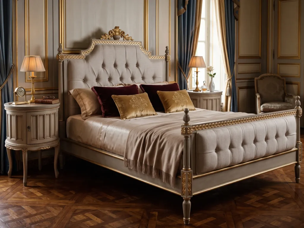 Luxury French Mahogany Bedroom Set Handcrafted Classic Furniture Furniture Bedroom Set by Maria Custom Jepara, Luxury French Bedroom Set, Classic Mahogany Bedroom Furniture, Gold Leaf Upholstered Bed, Hand Carved Wardrobe Jepara, Maria Custom Furniture, French Provincial Master Bedroom, Chinoiserie Armoire Wardrobe, Vanity Table Gold Mirror, Jepara Export Quality Furniture, Tufted Velvet Bedframe
