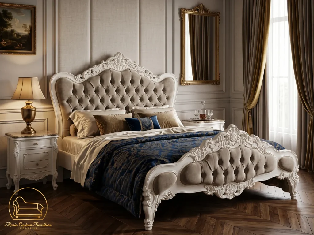 Luxury Furniture Bianca Diamond Tufted French Bed Custom, Luxury French Bedroom Set, Bianca Diamond Tufted Bed, French Rococo Carved Furniture, Hand Carved Mirrored Wardrobe Jepara, Maria Custom Furniture, Carved Vanity Table Marble Top, Classic White Bedroom Set, Tufted Velvet Bedframe, Jepara Export Quality Furniture, French Provincial Bed