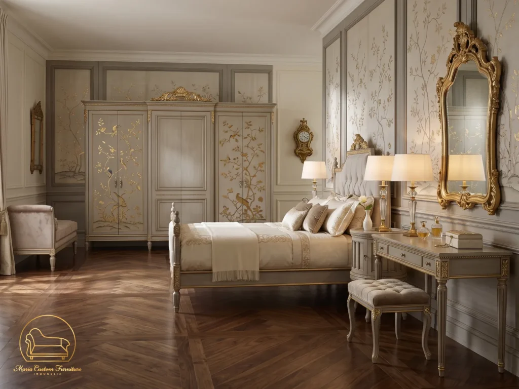 Luxury Royal French Mahogany Bedroom Set Handcrafted Classic Furniture Elegance Bedroom Set by Maria Custom Furniture Jepara, Luxury French Bedroom Set, Classic Mahogany Bedroom Furniture, Gold Leaf Upholstered Bed, Hand Carved Wardrobe Jepara, Maria Custom Furniture, French Provincial Master Bedroom, Chinoiserie Armoire Wardrobe, Vanity Table Gold Mirror, Jepara Export Quality Furniture, Tufted Velvet Bedframe