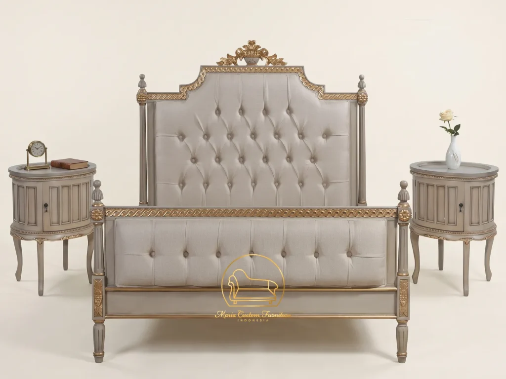 Luxury French Bedroom Set, Classic Mahogany Bedroom Furniture, Gold Leaf Upholstered Bed, Hand Carved Wardrobe Jepara, Maria Custom Furniture, French Provincial Master Bedroom, Chinoiserie Armoire Wardrobe, Vanity Table Gold Mirror, Jepara Export Quality Furniture, Tufted Velvet Bedframe, Mahogany Bedroom Set by Maria Custom