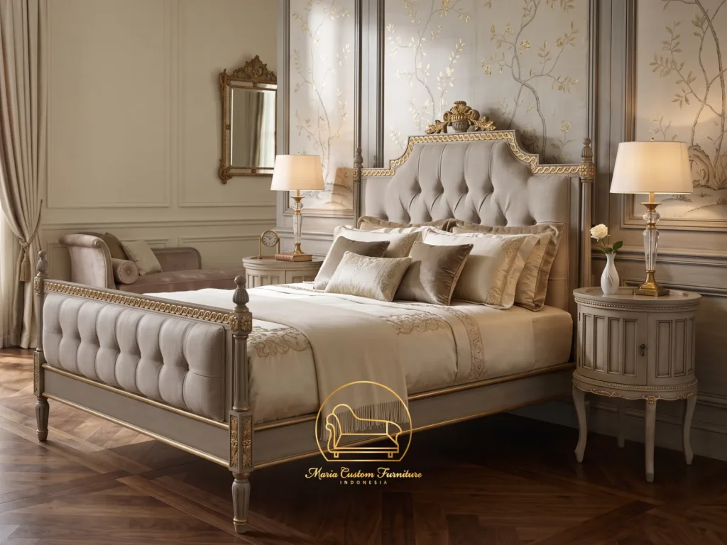 Mahogany Bedroom Set by Maria Custom Luxury Royal French Mahogany Bedroom Set Handcrafted Classic Furniture Maria Custom Furniture, Luxury French Bedroom Set, Classic Mahogany Bedroom Furniture, Gold Leaf Upholstered Bed, Hand Carved Wardrobe Jepara, Maria Custom Furniture, French Provincial Master Bedroom, Chinoiserie Armoire Wardrobe, Vanity Table Gold Mirror, Jepara Export Quality Furniture, Tufted Velvet Bedframe