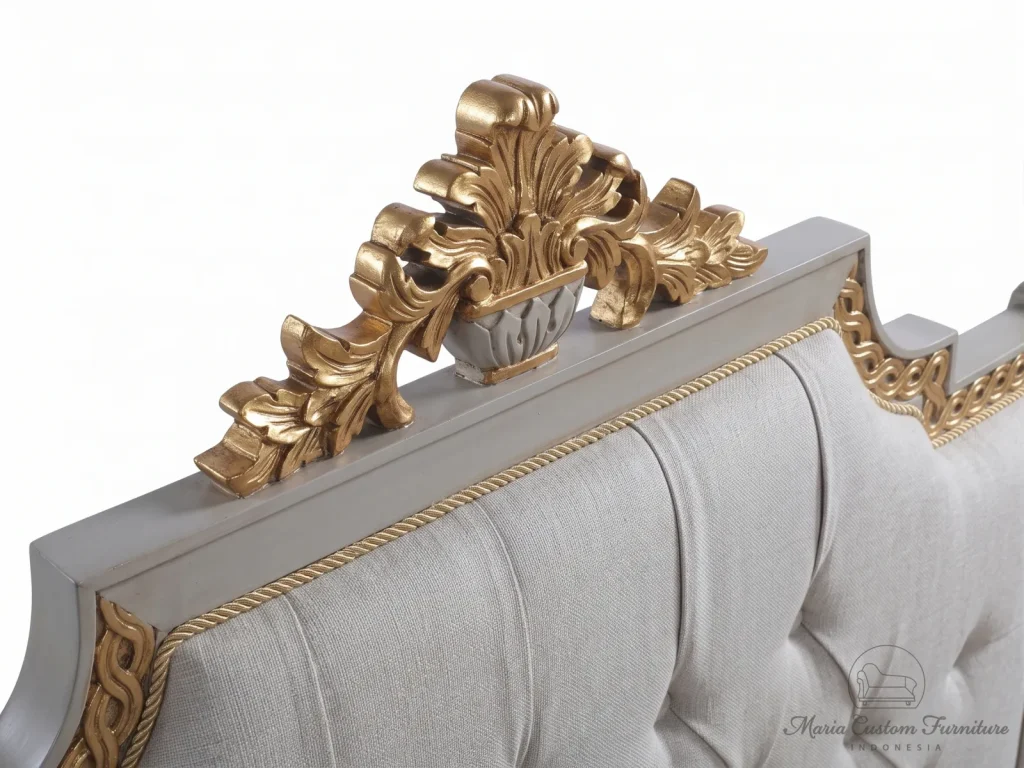 Luxury French Bedroom Set, Classic Mahogany Bedroom Furniture, Gold Leaf Upholstered Bed, Hand Carved Wardrobe Jepara, Maria Custom Furniture, French Provincial Master Bedroom, Chinoiserie Armoire Wardrobe, Vanity Table Gold Mirror, Jepara Export Quality Furniture, Tufted Velvet Bedframe, Mahogany Carving Bedroom Set by Maria Custom